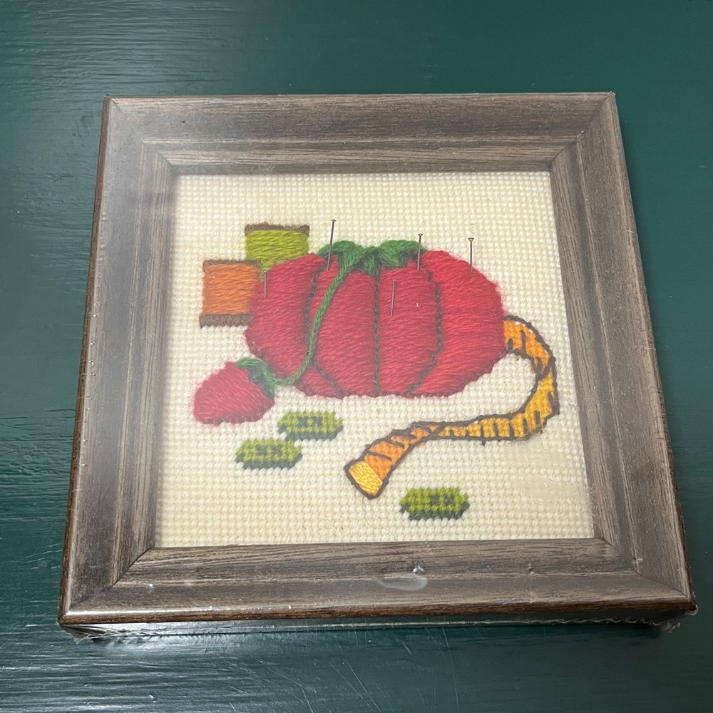Tomato Pincushion Framed Needlepoint Art by Sunset Designs Sealed Vintage NOS